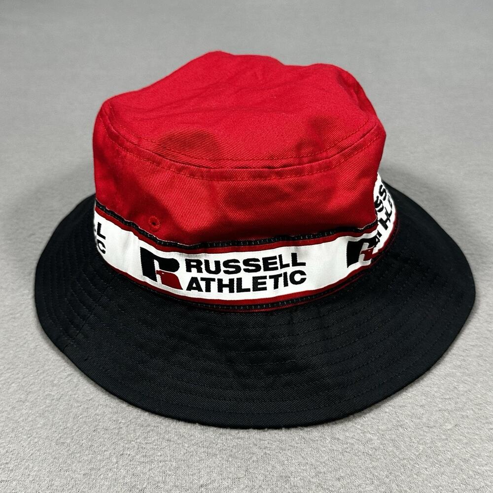 Russell Athletic Bucket Hat Red Black Logo Spellout 100% Cotton One Size